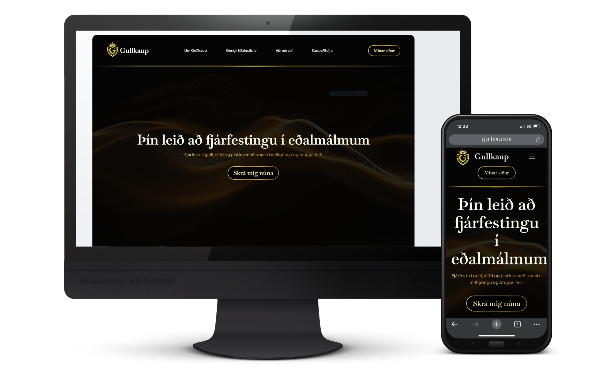 Gullkaup á tölvuskjá og síma